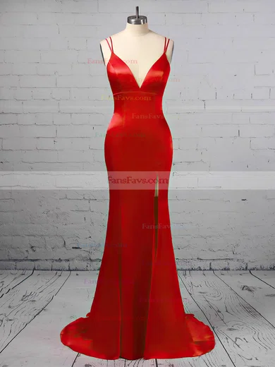Trumpet/Mermaid V-neck Satin Sweep Train Split Front Prom Dresses #Favs020106413