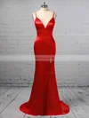 Trumpet/Mermaid V-neck Satin Sweep Train Split Front Prom Dresses #Favs020106413