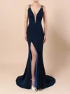 Trumpet/Mermaid V-neck Velvet Sweep Train Split Front Prom Dresses #Favs020106416