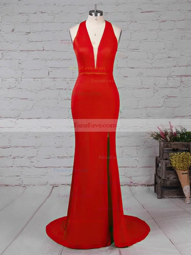 Sheath/Column V-neck Jersey Sweep Train Split Front Prom Dresses #Favs020105874