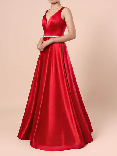 Princess V-neck Satin Floor-length Beading Prom Dresses #Favs020105875