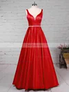 Princess V-neck Satin Floor-length Beading Prom Dresses #Favs020105875