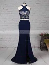 Sheath/Column High Neck Stretch Crepe Sweep Train Lace Prom Dresses #Favs020105921