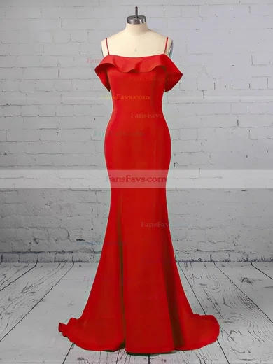 Trumpet/Mermaid Square Neckline Satin Sweep Train Cascading Ruffles Prom Dresses #Favs020106411