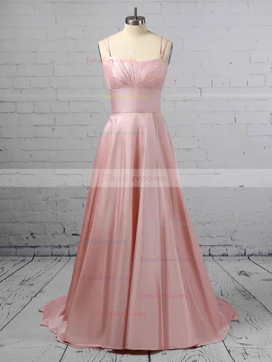 A-line Square Neckline Satin Sweep Train Pockets Prom Dresses #Favs020106414