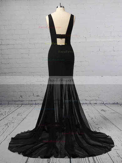 Trumpet/Mermaid V-neck Chiffon Stretch Crepe Sweep Train Split Front Prom Dresses #Favs020106420