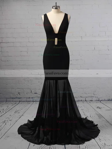 Trumpet/Mermaid V-neck Chiffon Stretch Crepe Sweep Train Split Front Prom Dresses #Favs020106420