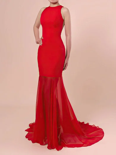 Trumpet/Mermaid Scoop Neck Chiffon Stretch Crepe Sweep Train Prom Dresses #Favs020106421