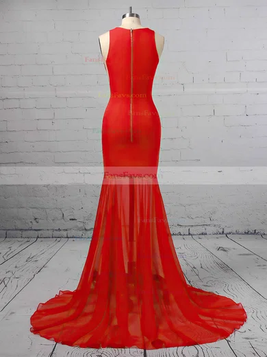 Trumpet/Mermaid Scoop Neck Chiffon Stretch Crepe Sweep Train Prom Dresses #Favs020106421