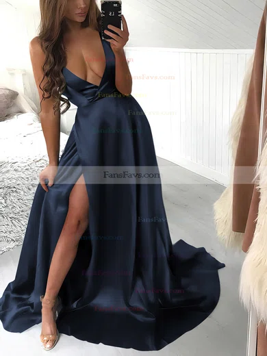 A-line Halter Silk-like Satin Sweep Train Split Front Prom Dresses #Favs020106435