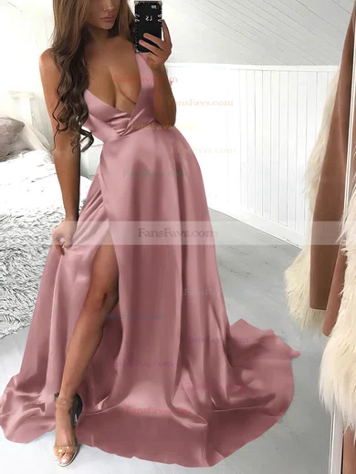 A-line Halter Silk-like Satin Sweep Train Split Front Prom Dresses #Favs020106435