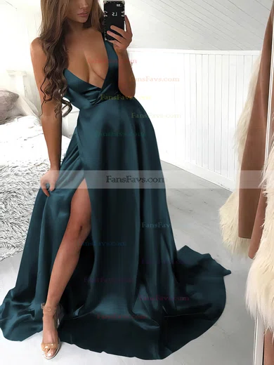 A-line Halter Silk-like Satin Sweep Train Split Front Prom Dresses #Favs020106435