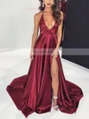 A-line Halter Silk-like Satin Sweep Train Split Front Prom Dresses #Favs020106435