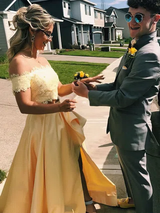 A-line Off-the-shoulder Lace Satin Sweep Train Beading Prom Dresses #Favs020106439 A-line Off-the-shoulder Lace Satin Sweep Train Beading Prom Dresses #Favs020106439