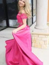 A-line Off-the-shoulder Lace Satin Sweep Train Beading Prom Dresses #Favs020106439
