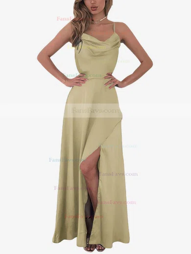 A-line Cowl Neck Silk-like Satin Floor-length Split Front Prom Dresses #Favs020106441