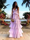 A-line V-neck Satin Floor-length Tiered Prom Dresses #Favs020106445
