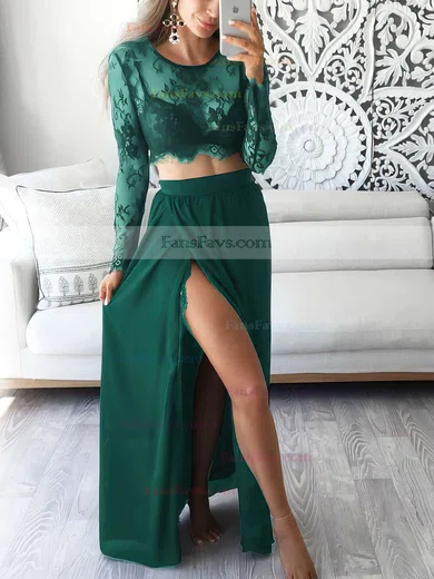 A-line Scoop Neck Lace Chiffon Ankle-length Split Front Prom Dresses #Favs020102597