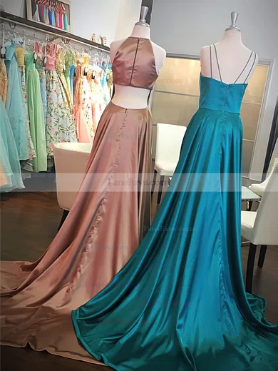 A-line Scoop Neck Satin Sweep Train Split Front Prom Dresses #Favs020106448