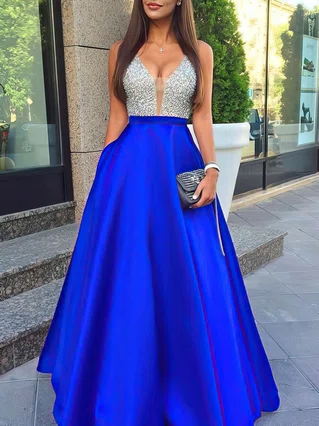 Princess V-neck Satin Floor-length Beading Prom Dresses #Favs020102600 Princess V-neck Satin Floor-length Beading Prom Dresses #Favs020102600