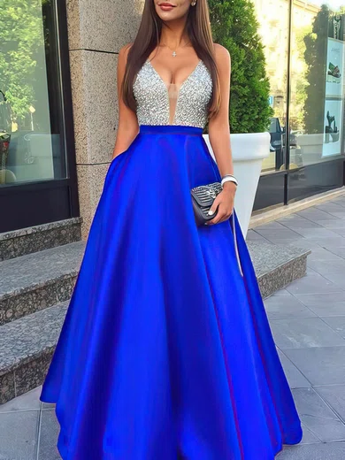 Princess V-neck Satin Floor-length Beading Prom Dresses #Favs020102600