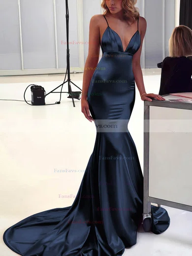 Trumpet/Mermaid V-neck Silk-like Satin Sweep Train Ruffles Prom Dresses #Favs020106463