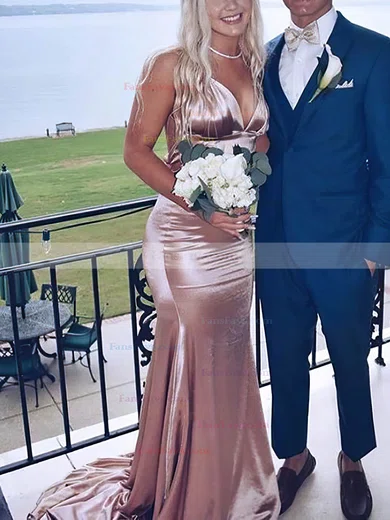 Trumpet/Mermaid V-neck Silk-like Satin Sweep Train Ruffles Prom Dresses #Favs020106463