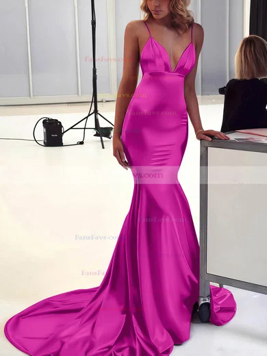 Trumpet/Mermaid V-neck Silk-like Satin Sweep Train Ruffles Prom Dresses #Favs020106463