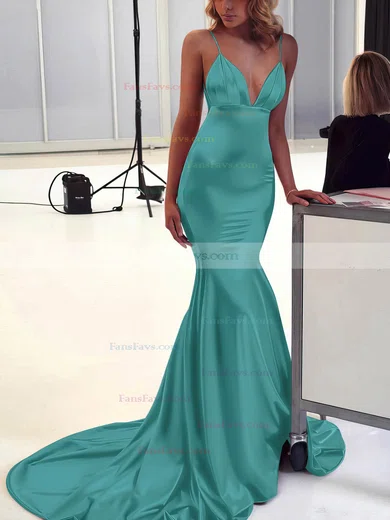 Trumpet/Mermaid V-neck Silk-like Satin Sweep Train Ruffles Prom Dresses #Favs020106463