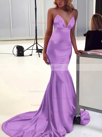 Trumpet/Mermaid V-neck Silk-like Satin Sweep Train Ruffles Prom Dresses #Favs020106463
