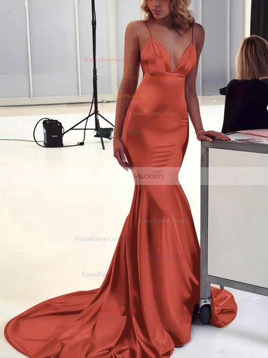 Trumpet/Mermaid V-neck Silk-like Satin Sweep Train Ruffles Prom Dresses #Favs020106463