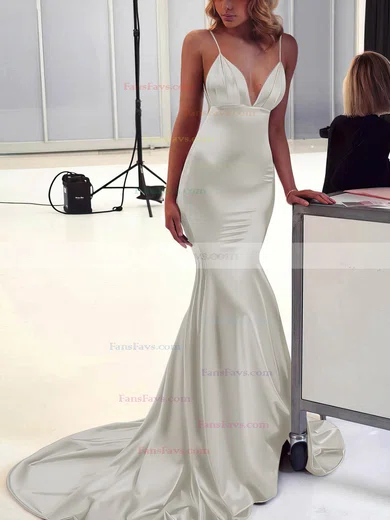 Trumpet/Mermaid V-neck Silk-like Satin Sweep Train Ruffles Prom Dresses #Favs020106463