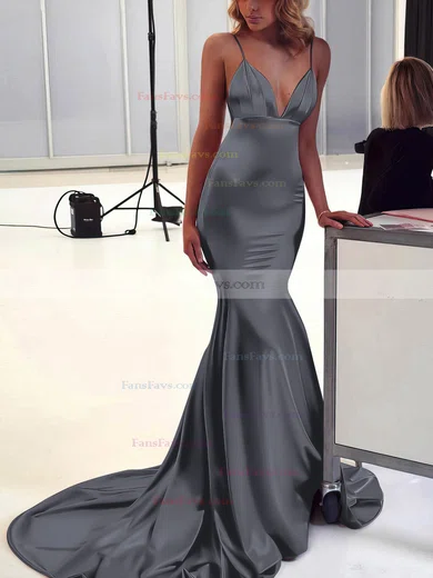 Trumpet/Mermaid V-neck Silk-like Satin Sweep Train Ruffles Prom Dresses #Favs020106463