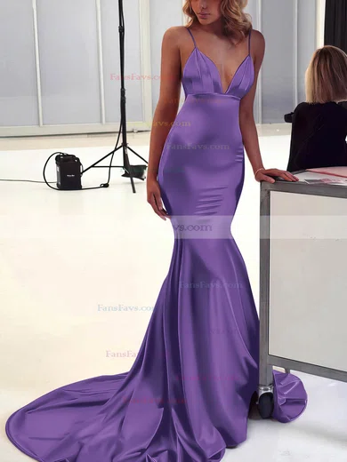 Trumpet/Mermaid V-neck Silk-like Satin Sweep Train Ruffles Prom Dresses #Favs020106463