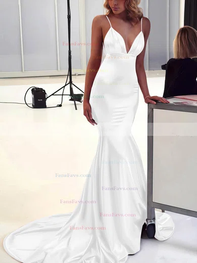 Trumpet/Mermaid V-neck Silk-like Satin Sweep Train Ruffles Prom Dresses #Favs020106463