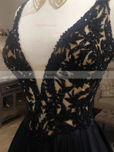 A-line V-neck Satin Sweep Train Beading Prom Dresses #Favs020102608