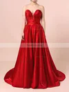 A-line V-neck Satin Sweep Train Ruffles Prom Dresses #Favs020102672