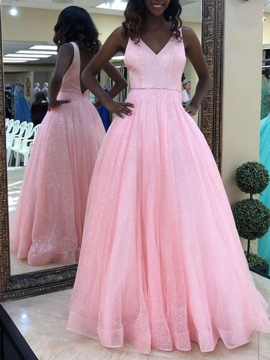 Princess V-neck Glitter Floor-length Beading Prom Dresses #Favs020106507
