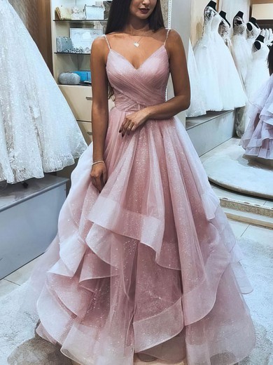 Princess V-neck Glitter Floor-length Cascading Ruffles Prom Dresses #Favs020106511