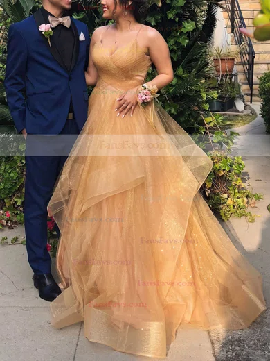 Princess V-neck Glitter Floor-length Cascading Ruffles Prom Dresses #Favs020106511