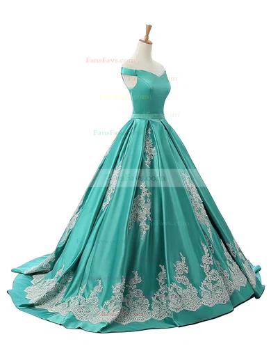 Ball Gown Off-the-shoulder Sweep Train Satin Appliques Lace Prom Dresses #Favs020102721