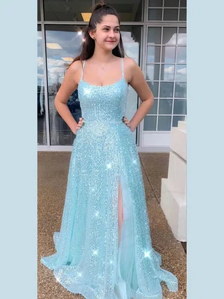 A-line Square Neckline Sequined Floor-length Split Front Prom Dresses #Favs020106518 A-line Square Neckline Sequined Floor-length Split Front Prom Dresses #Favs020106518