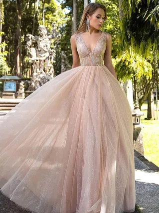 Princess V-neck Tulle Glitter Floor-length Beading Prom Dresses #Favs020106519 Princess V-neck Tulle Glitter Floor-length Beading Prom Dresses #Favs020106519