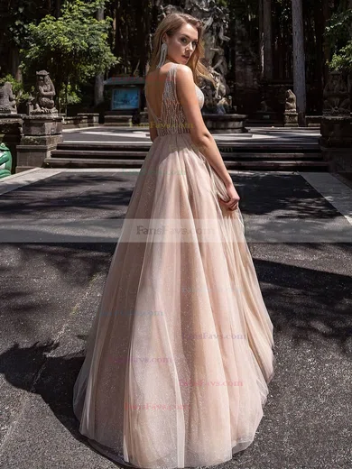 Princess V-neck Tulle Glitter Floor-length Beading Prom Dresses #Favs020106519