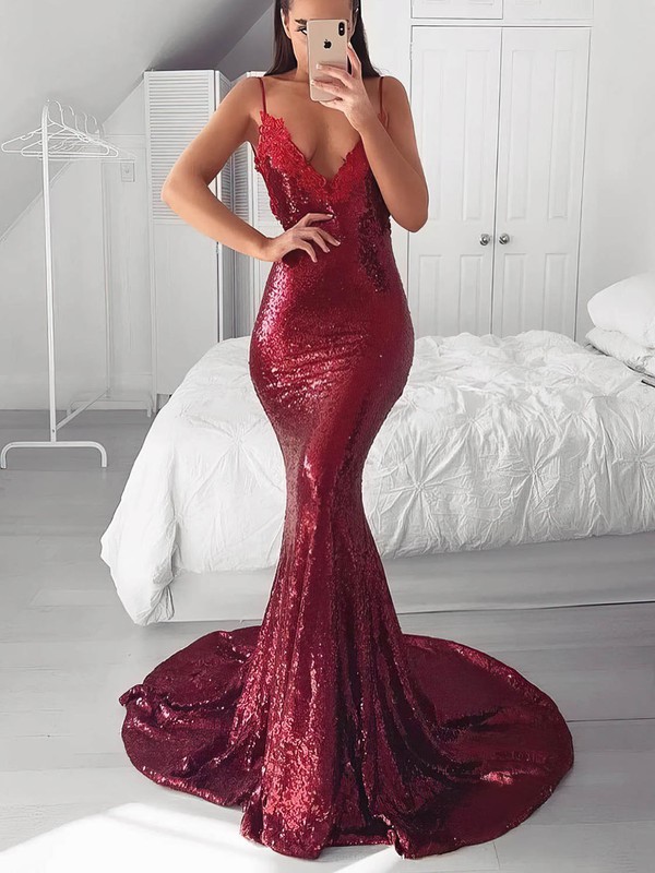Trumpet/Mermaid V-neck Sequined Sweep Train Appliques Lace Prom Dresses #Favs020106523