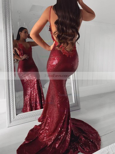 Trumpet/Mermaid V-neck Sequined Sweep Train Appliques Lace Prom Dresses #Favs020106523