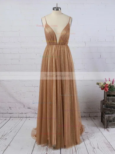 A-line V-neck Glitter Sweep Train Prom Dresses #Favs020106528