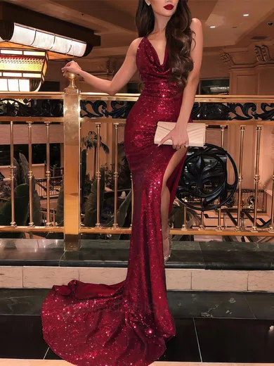 Trumpet/Mermaid Cowl Neck Sequined Sweep Train Split Front Prom Dresses #Favs020106529