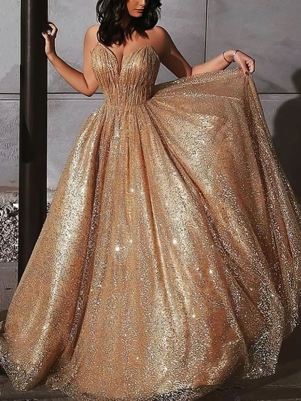Princess V-neck Glitter Sweep Train Prom Dresses #Favs020106532