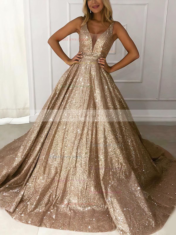 Ball Gown V-neck Glitter Sweep Train Prom Dresses #Favs020106536